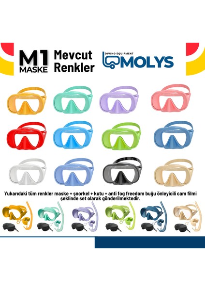 Molys M1 Dalış Maskesi + Kutusu + Şnorkel + Şnorkel Kabı + Anti Fog Buğu Önleyici Film Set Halinde Sarı Renk indirimleri
