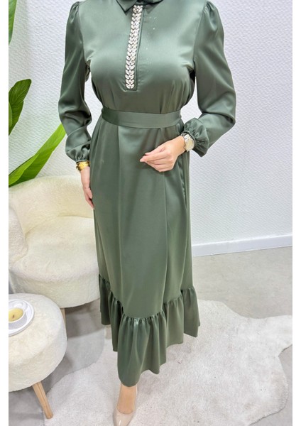 Taşlı Gömlek Yaka Altı Fırfırlı Saten Tesettür Abiye- Çağla Yeşili indirimleri