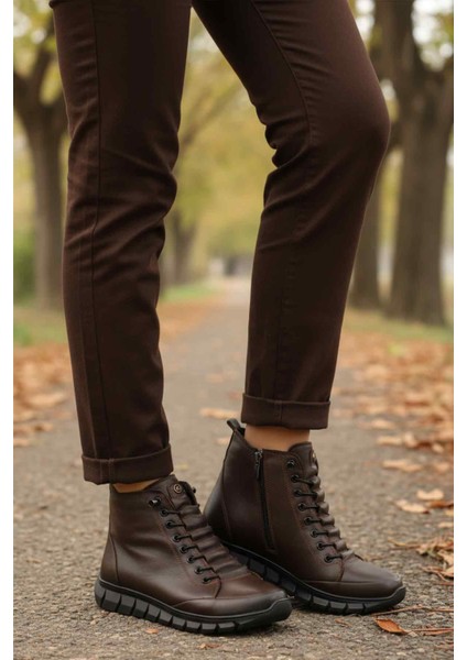 Kahve Hakiki Deri Içi Polarlı Kaymaz Fermuarlı Kadın Bot 3910 Z modelleri