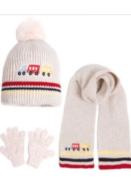 Içi Polarlı Tren Nakışlı Erkek Çocuk 3 Lü Atkı Bere Eldiven Takımı