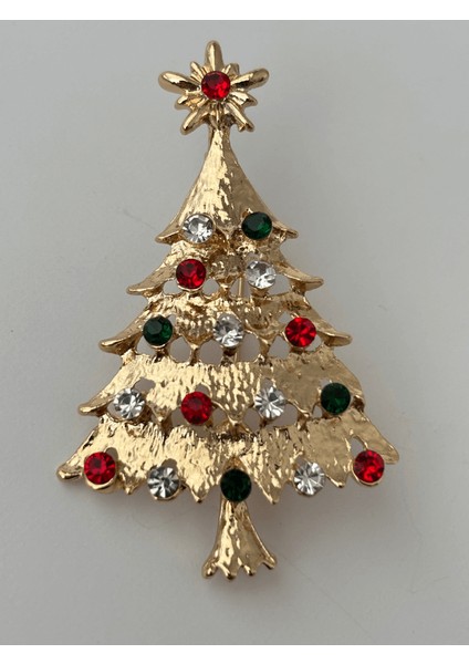 Renkli Parlak Taşlı Yılbaşı Ağacı Figürlü Gold Broş