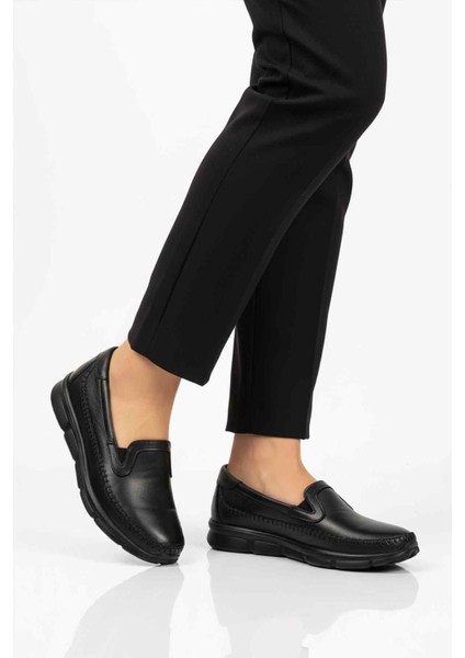 Siyah Hakiki Deri Ortopedik Kadın Casual Ayakkabı 602 Z