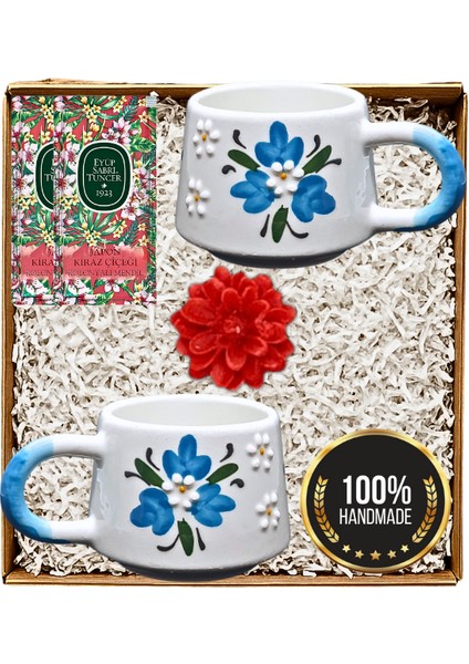 El Yapımı Ççek Desenli Hediyelik Ikili Kupa Seti