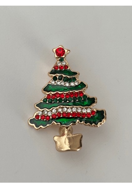 Kırmızı ve Yeşil Renkli Parlak Taşlı Yılbaşı Ağacı Gold Broş