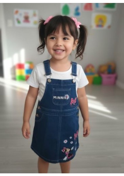 Kız Çocuk Baskılı Mevsimlik Askılı Kot Elbise