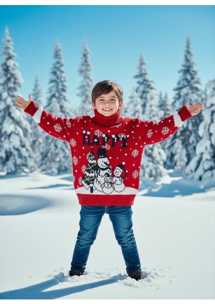 Yılbaşı Kırmızı Happy Kardan Adam Desenli Çocuk Triko Kazak