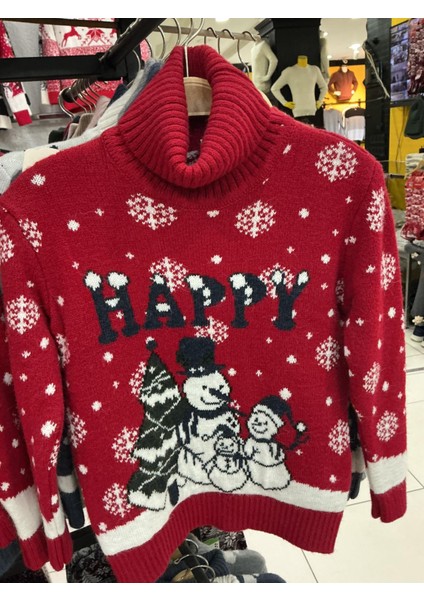 Yılbaşı Kırmızı Happy Kardan Adam Desenli Çocuk Triko Kazak fiyatları