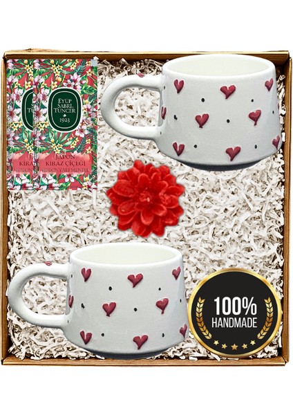 El Yapımı Ççek Desenli Hediyelik Ikili Kupa Seti
