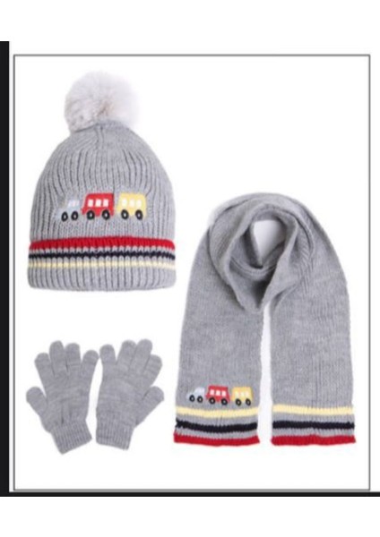 Içi Polarlı Tren Nakışlı Erkek Çocuk 3 Lü Atkı Bere Eldiven Takımı