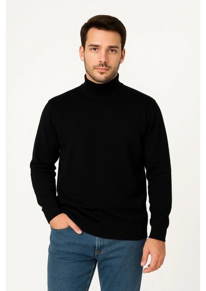 Erkek Yarım Boğaz Triko Kazak Yumuşak Dokulu Pamuklu Ince Dokuma, Uzun Kollu Rahat Regular Kalıp - Siyah