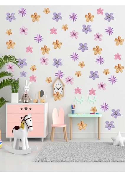 , Sulu Boya Renkli Çiçekler, Bebek Çocuk Odası, Cam, Ahşap, Duvar Sticker, 106 Adet