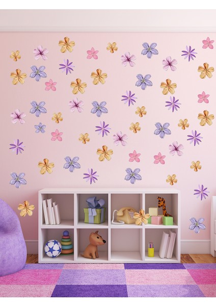 , Sulu Boya Renkli Çiçekler, Bebek Çocuk Odası, Cam, Ahşap, Duvar Sticker, 106 Adet fiyatları