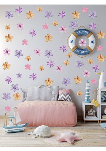 , Sulu Boya Renkli Çiçekler, Bebek Çocuk Odası, Cam, Ahşap, Duvar Sticker, 106 Adet modelleri
