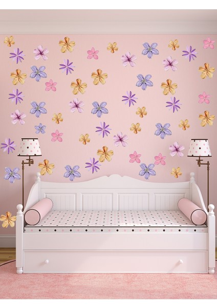 , Sulu Boya Renkli Çiçekler, Bebek Çocuk Odası, Cam, Ahşap, Duvar Sticker, 106 Adet fırsatları