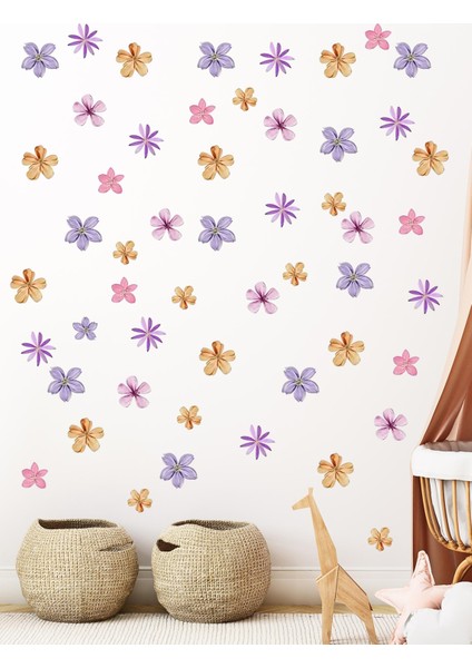 , Sulu Boya Renkli Çiçekler, Bebek Çocuk Odası, Cam, Ahşap, Duvar Sticker, 106 Adet indirimleri