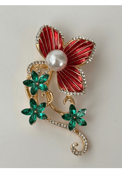 Kımızı ve Zümrüt Yeşili Çiçekli Inci ve Taş Detaylı Gold Broş