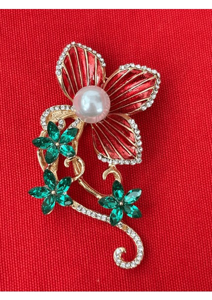 Kımızı ve Zümrüt Yeşili Çiçekli Inci ve Taş Detaylı Gold Broş fiyatları