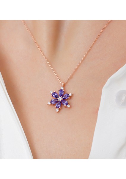 (Premium Işıklı Kutulu) 925 Ayar Gümüş Mor Taşlı Lotus Çiçeği Kadın Kolye fiyatları