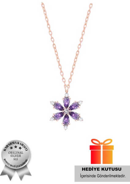 (Premium Işıklı Kutulu) 925 Ayar Gümüş Mor Taşlı Lotus Çiçeği Kadın Kolye modelleri