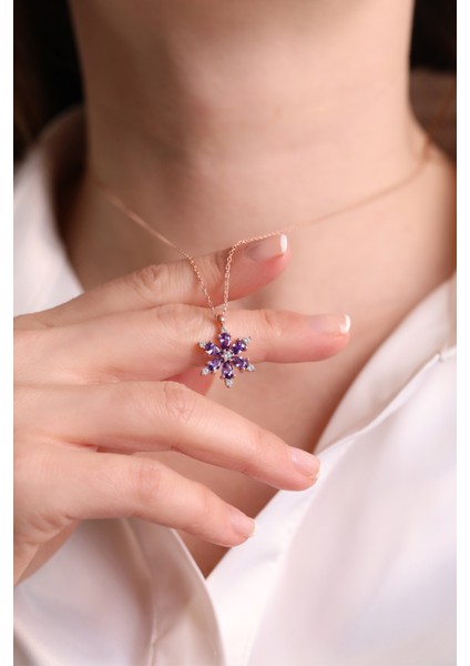 (Premium Işıklı Kutulu) 925 Ayar Gümüş Mor Taşlı Lotus Çiçeği Kadın Kolye fırsatları