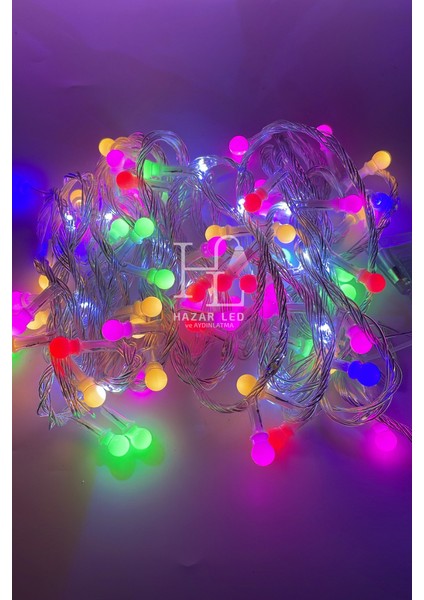 10 Metre Rgb Beyaz Flaş Çakar Top LED Animasyonlu Şeffaf Kablolu Dekoratif LED Işık Yılbaşı Süsü