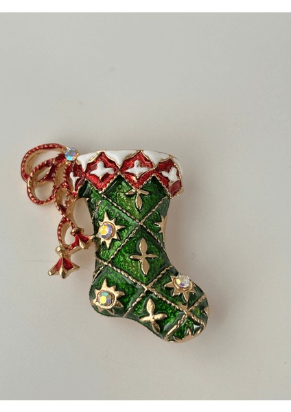 Yeşil Renkli Parlak Taşlı Yılbaşı Çorap Figürlü Gold Broş