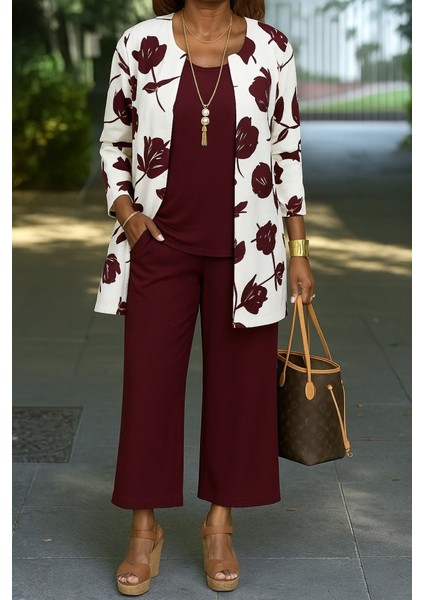 Kadın Uzun Kollu Önü Açık Modal Ceket Kolsuz Viskon Iki Iplik Bluz ve Pantolon Üçlü Takım