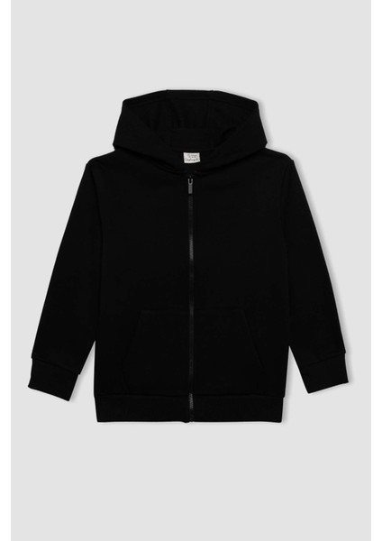 Erkek Çocuk Basic Düz Lacivert Kapüşonlu Cepli Fermuarlı Okul Hırkası