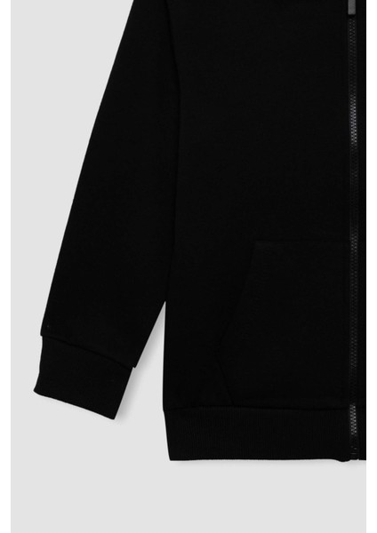 Erkek Çocuk Basic Düz Lacivert Kapüşonlu Cepli Fermuarlı Okul Hırkası