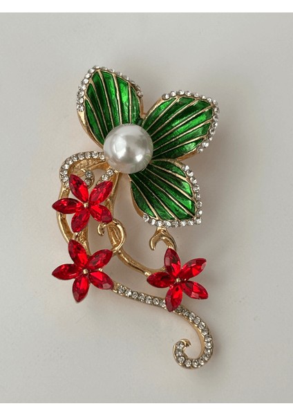 Zümrüt Yeşili ve Kırmızı Çiçekli Inci ve Taş Detaylı Gold Broş