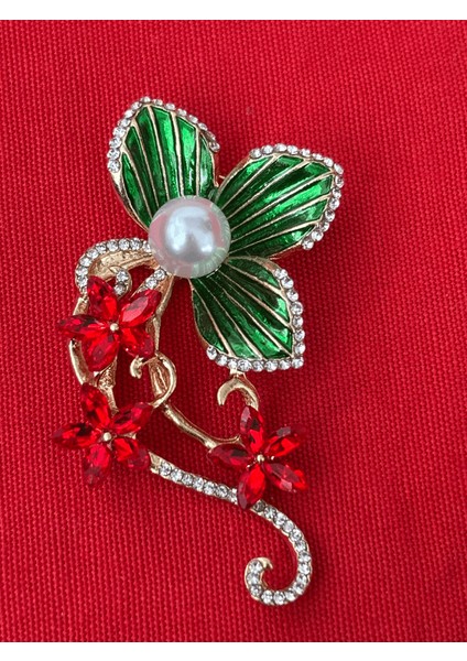Zümrüt Yeşili ve Kırmızı Çiçekli Inci ve Taş Detaylı Gold Broş fiyatları