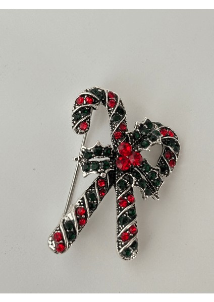 Kırımızı ve Yeşil Parlak Taşlı Baston Şeker Figürlü Silver Broş