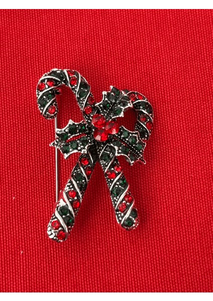 Kırımızı ve Yeşil Parlak Taşlı Baston Şeker Figürlü Silver Broş fiyatları