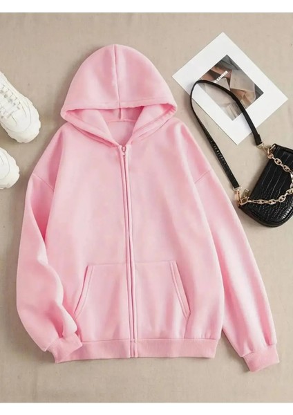 Pembe 3 Iplik Fermuarlı Kapüşonlu Hırka Ceket