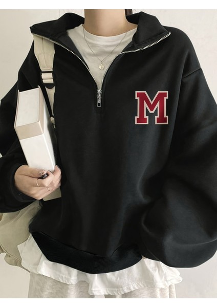 Kadın M Baskılı Yarım Fermuarlı Dik Yaka Sweat