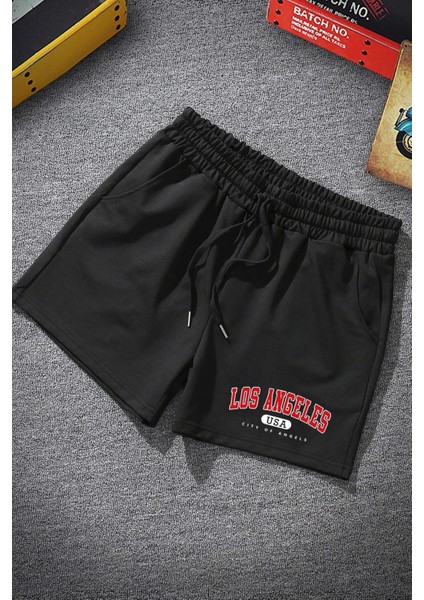 Unisex Siyah Şort Los Angeles Baskılı