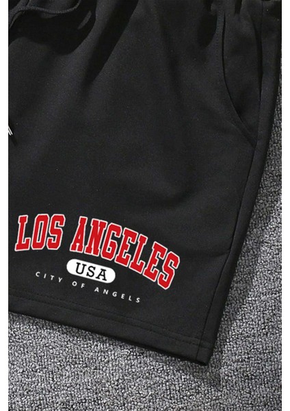 Unisex Siyah Şort Los Angeles Baskılı modelleri