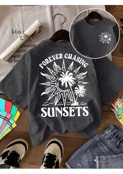 Kadın/erkek Sunsets Baskılı Oversize Pamuklu T-Shirt Tişört