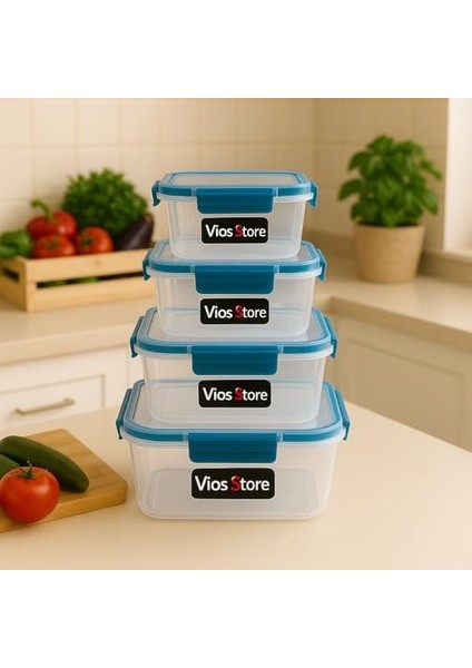 4 Lü Kilitli Saklama Kabı Seti - Sızdırmaz Kapaklı, Farklı Boy ve Renklerde, Bpa Içermez, Plastik Gıda Saklama Kutusu (2150 Ml- 1300 ml - 700 ml - 300 Ml) (Mavi)