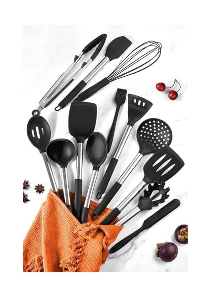 Mora 14 Parça Silikon Uçlu Spatula Mutfak Seti - Siyah