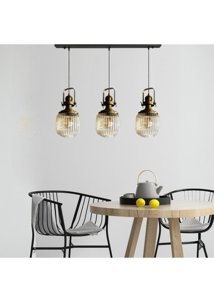 Mopa Üçlü Cam Bal Rengi Tekli Avize Eskitme Başlık Retro Sarkıt Lamba Restoran Salon Aydınlatma