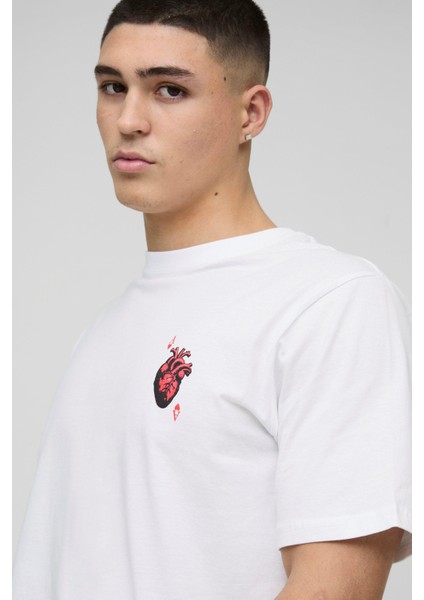 Oversize Erkek Sol Göğüs Kalp Baskılı Detaylı T-Shirt