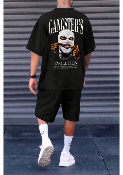 Erkek Siyah Şort-Tshirt Takım Gangster Sırt ve Ön Baskılı