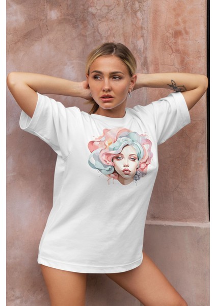 Kadın Yüz Baskılı Oversize T-Shirt