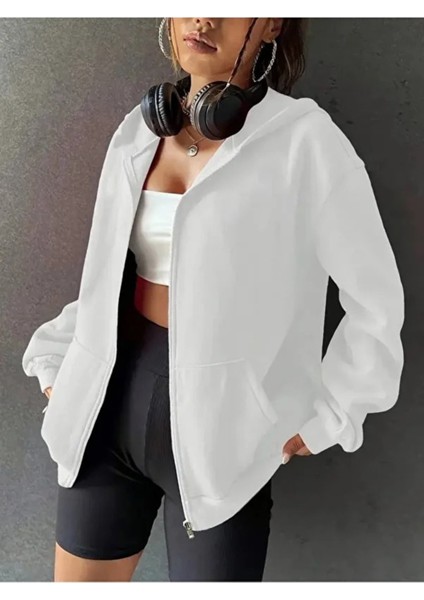 Pembe 3 Iplik Fermuarlı Kapüşonlu Hırka Ceket