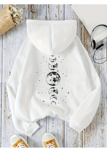 Unisex Kapüşonlu Gezegenler Baskılı Oversize Hoodie - Sokak Stili - Günlük Kombin