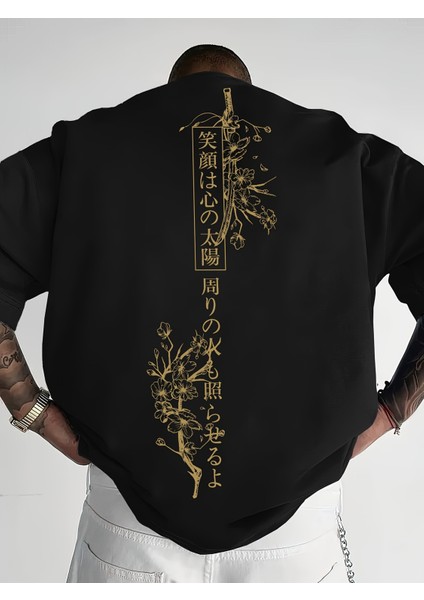 Erkek Oversize Japon Kiraz Ağacı Baskılı T-Shirt Rahat ve Şık Tasarım