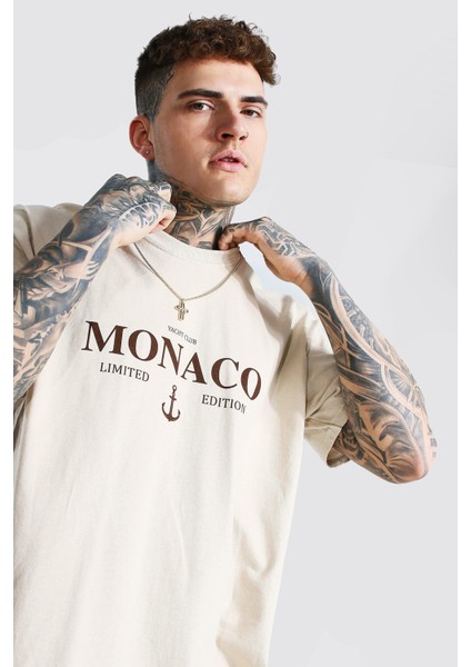 Oversize Erkek Monaco Baskılı Detaylı T-Shirt