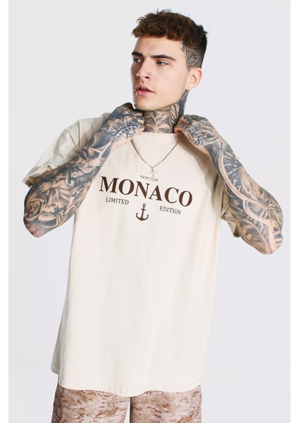 Oversize Erkek Monaco Baskılı Detaylı T-Shirt fiyatları