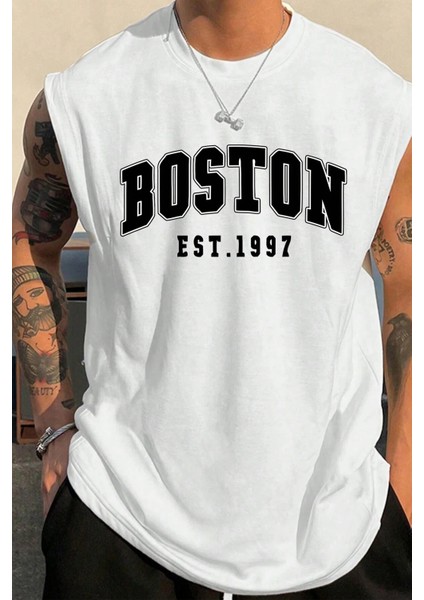 Boston Baskılı Erkek Oversize Kolsuz T-Shirt